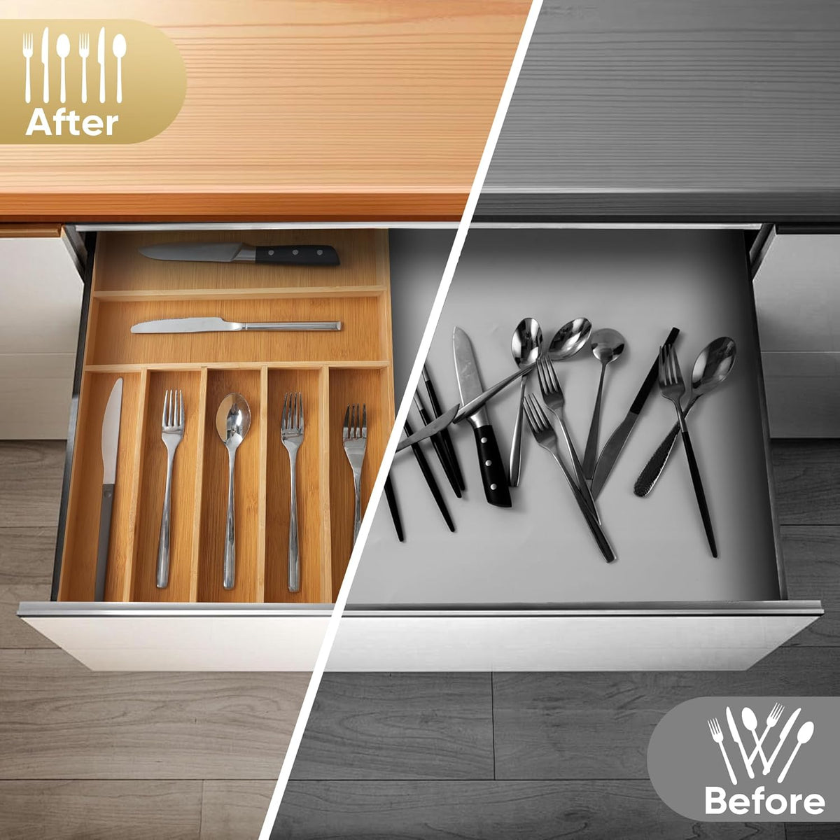 Silverware Organizer, 12.5 Inch Utensil Organizer Kitchen Drawer Organizer Bamboo Silverware Holder