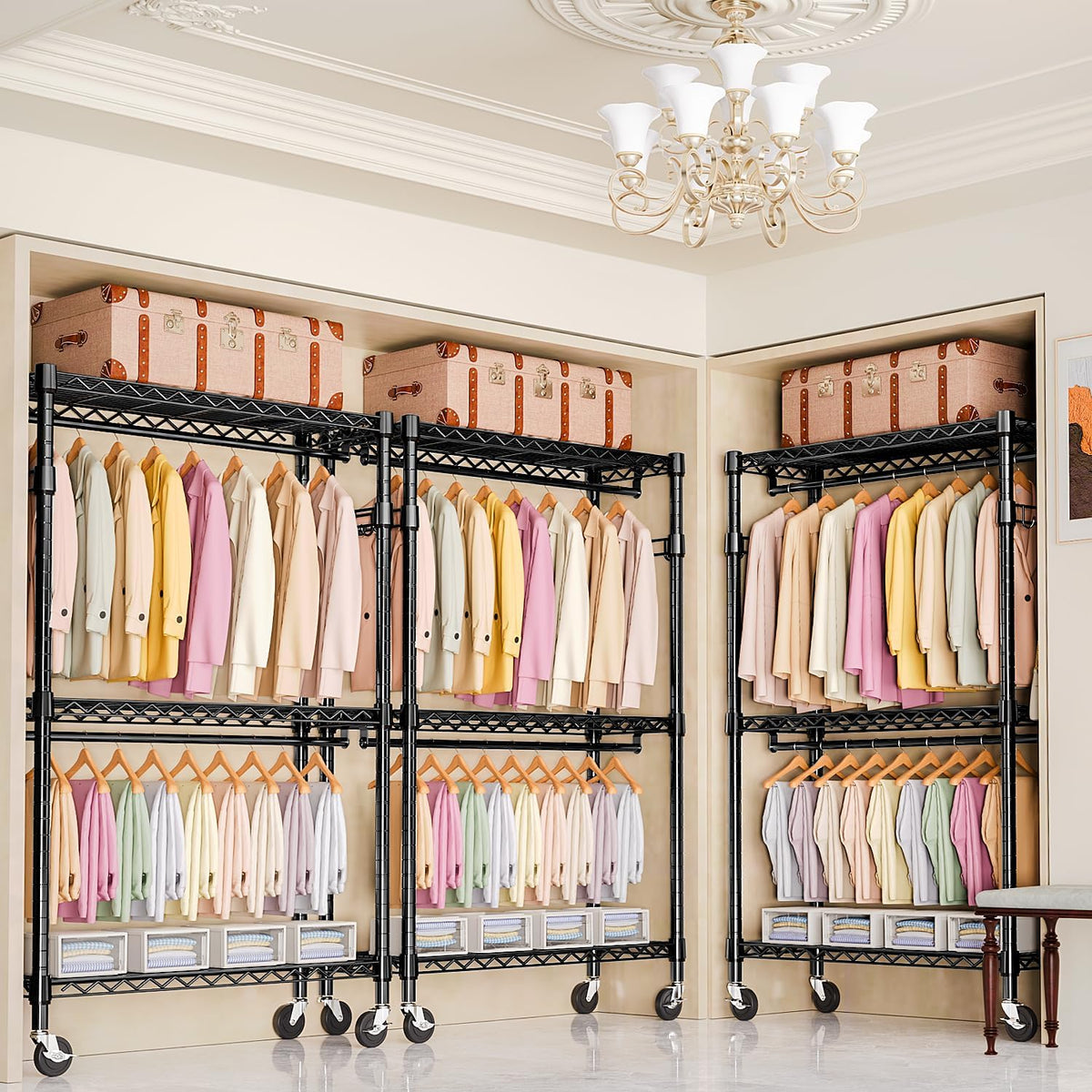 Heavy Duty Rolling Garment Rack 3 Tiers Adjustable Wire Shelving Clothes Rack with 2 Rods and Side