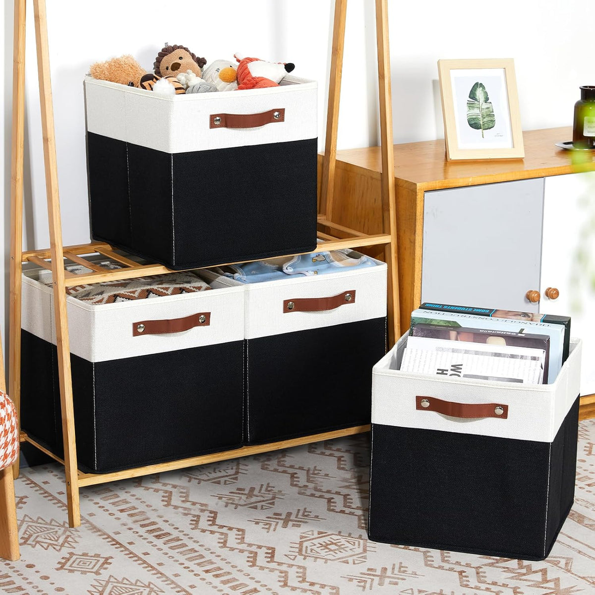 DULLEMELO Fabric Storage Bins for Shelves, Cube Storage Organizer Bins with PU Handles, Set of 4