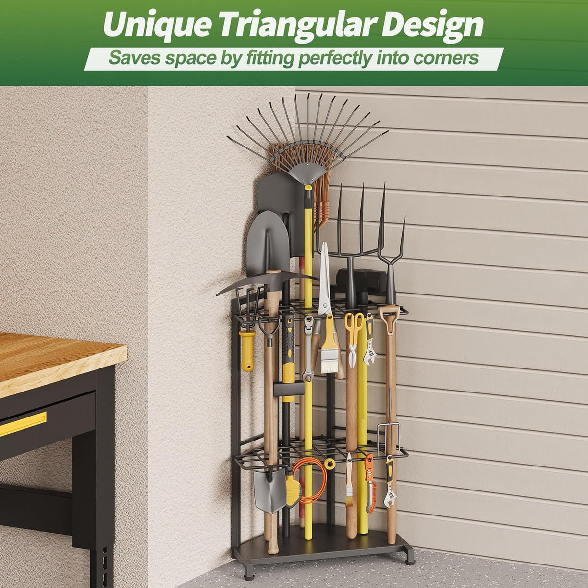 Garden Tool Organizer for Corner - Heavy Duty Metal Rack with 34 Storage Compartments & 14 Hooks