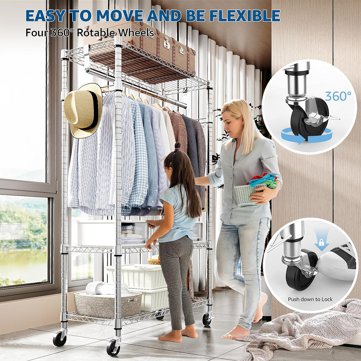 Heavy Duty Rolling Garment Rack 3 Tiers Adjustable Wire Shelving Clothes Rack with Rods and Side
