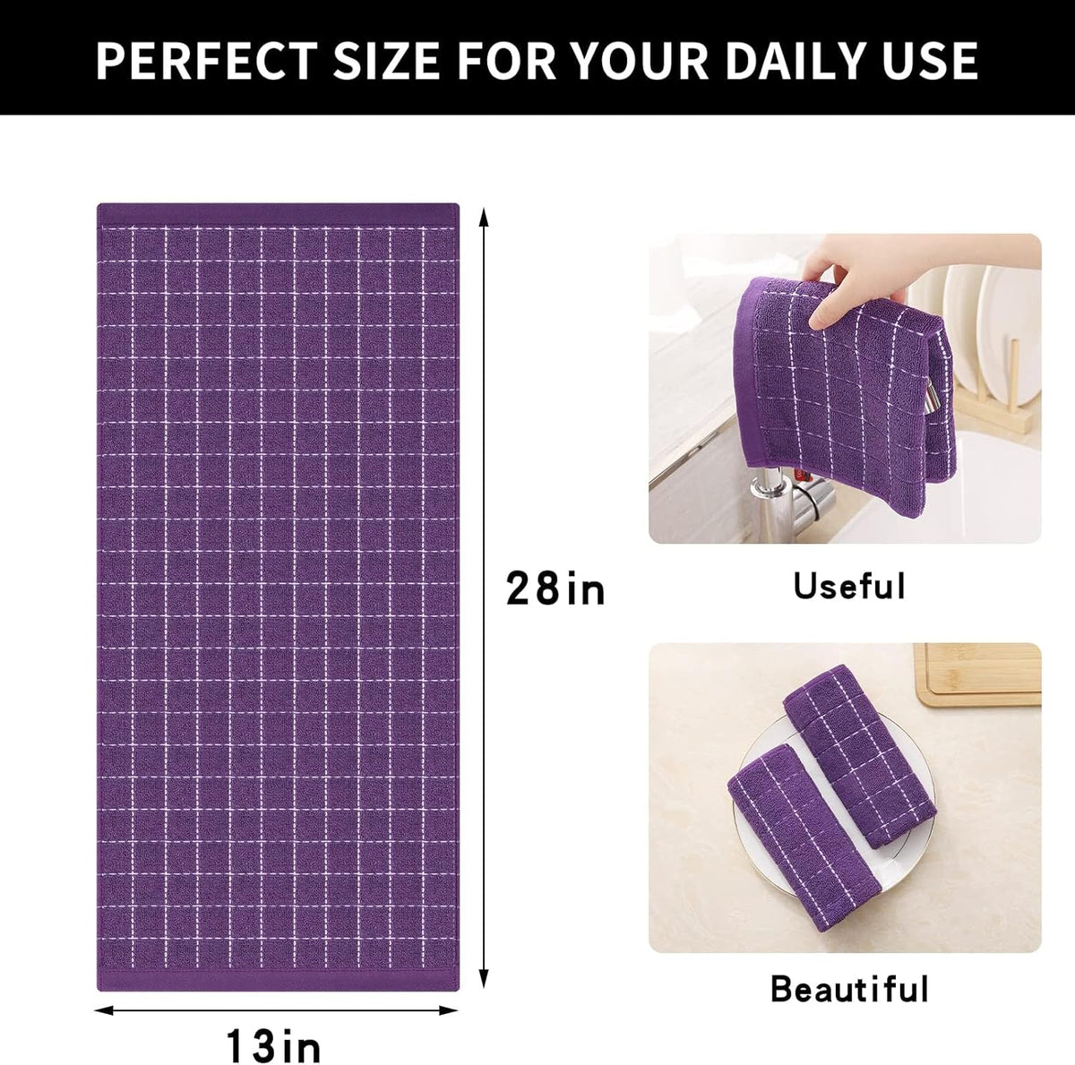 Homaxy 100% Cotton Terry Kitchen Towels(Purple, 13 x 28 inches), Checkered Designed, Soft and Super