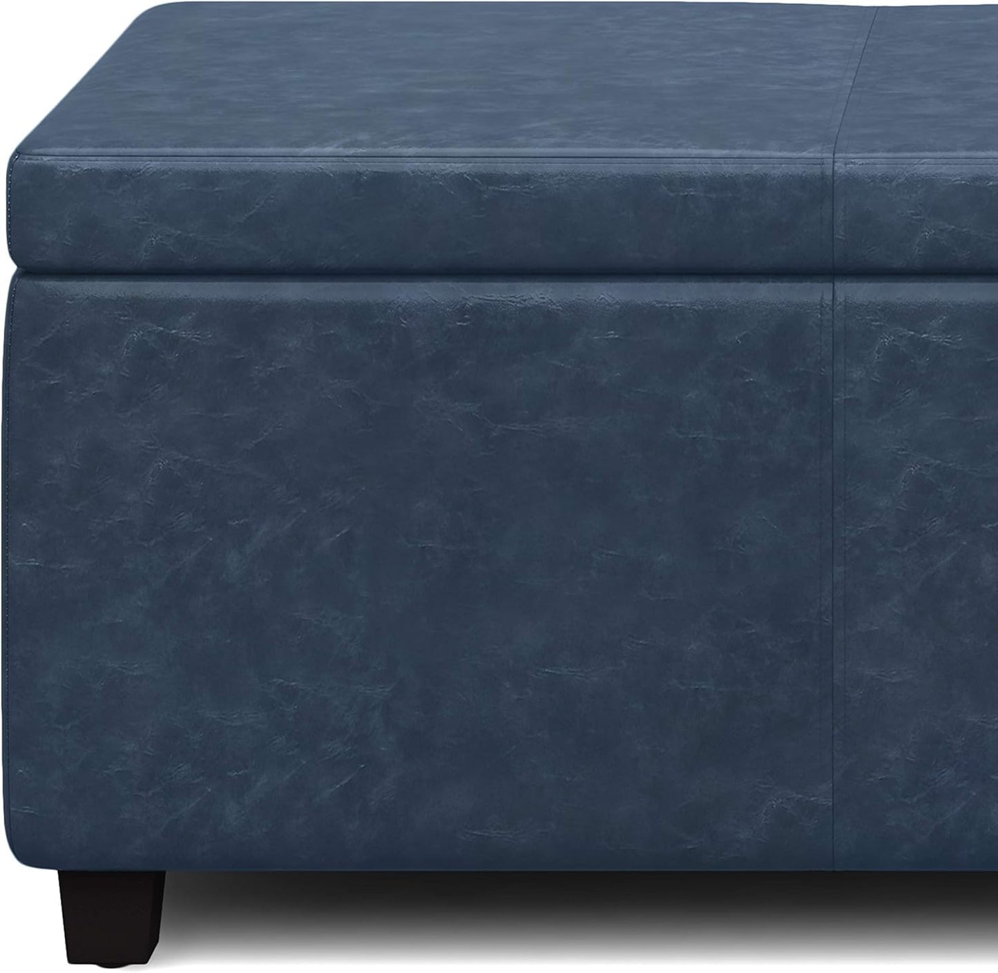 SIMPLIHOME Avalon 48 inch Wide Contemporary Rectangle Storage Ottoman Bench in Denim Blue Vegan