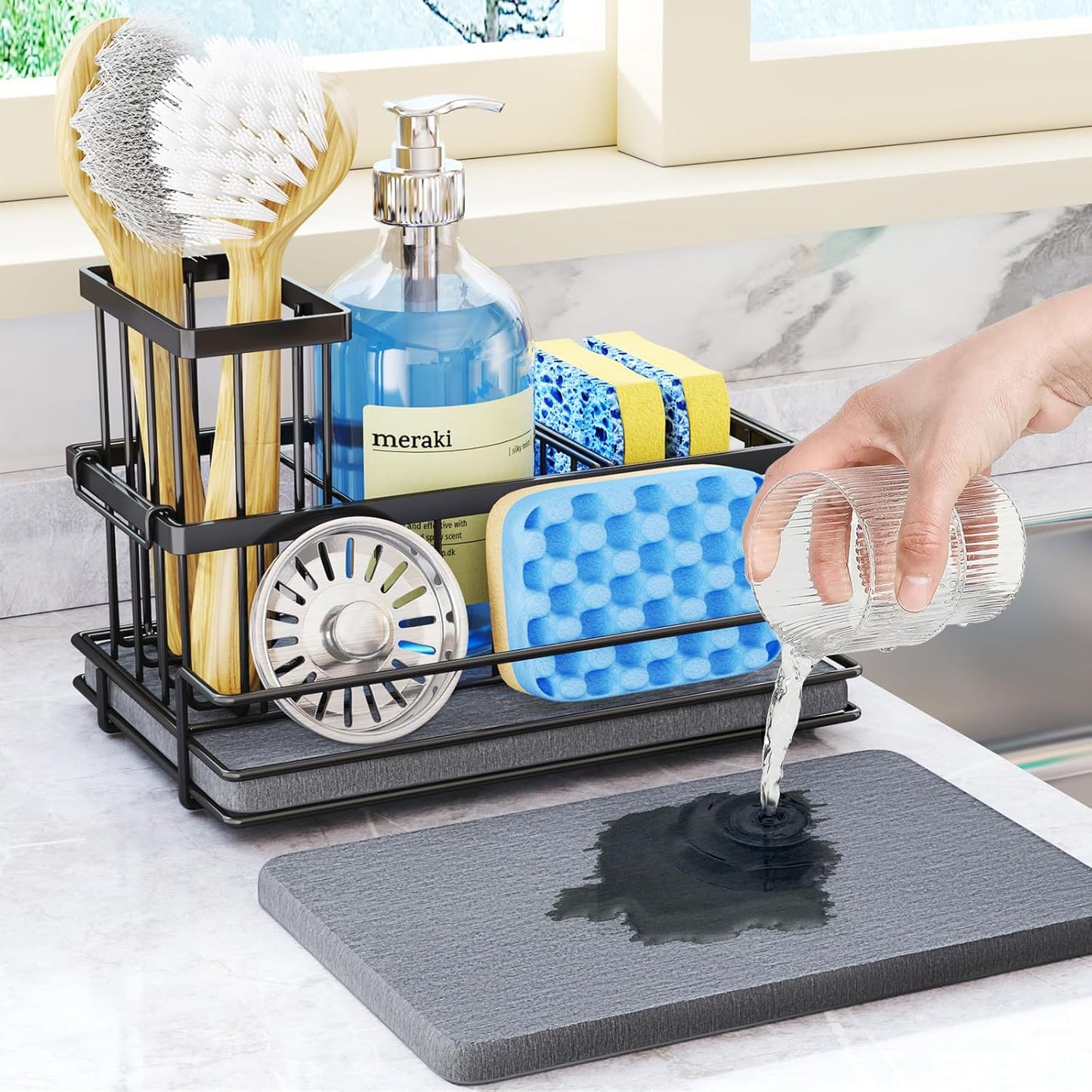 HapiRm Sink Caddy Sponge Holder - Kitchen Sink Organizer with Instant Drying Stone and Brush
