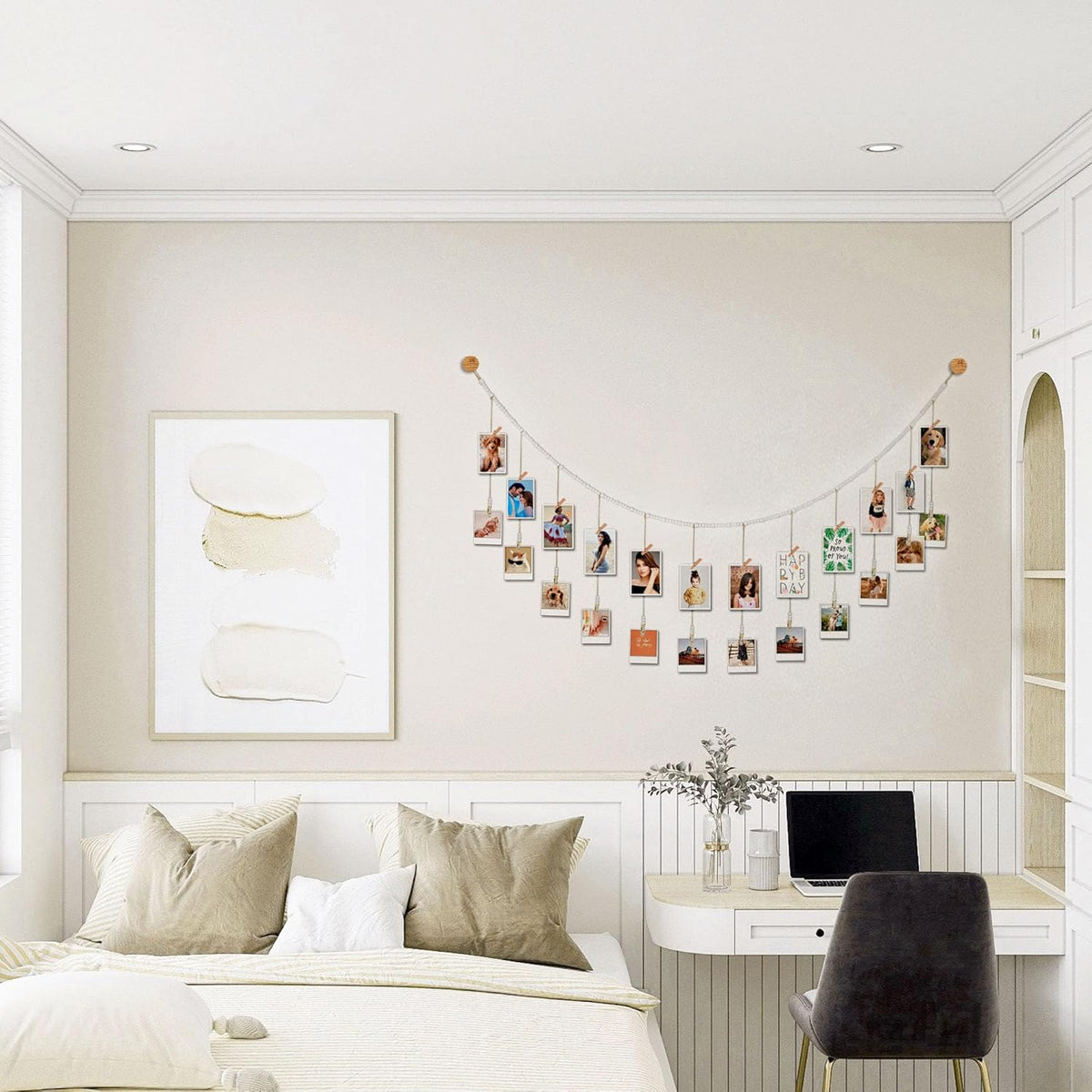 6 Feet Wooden Beads Garland with Clothespins Picture Cards Holder - Country Farmhouse Christmas