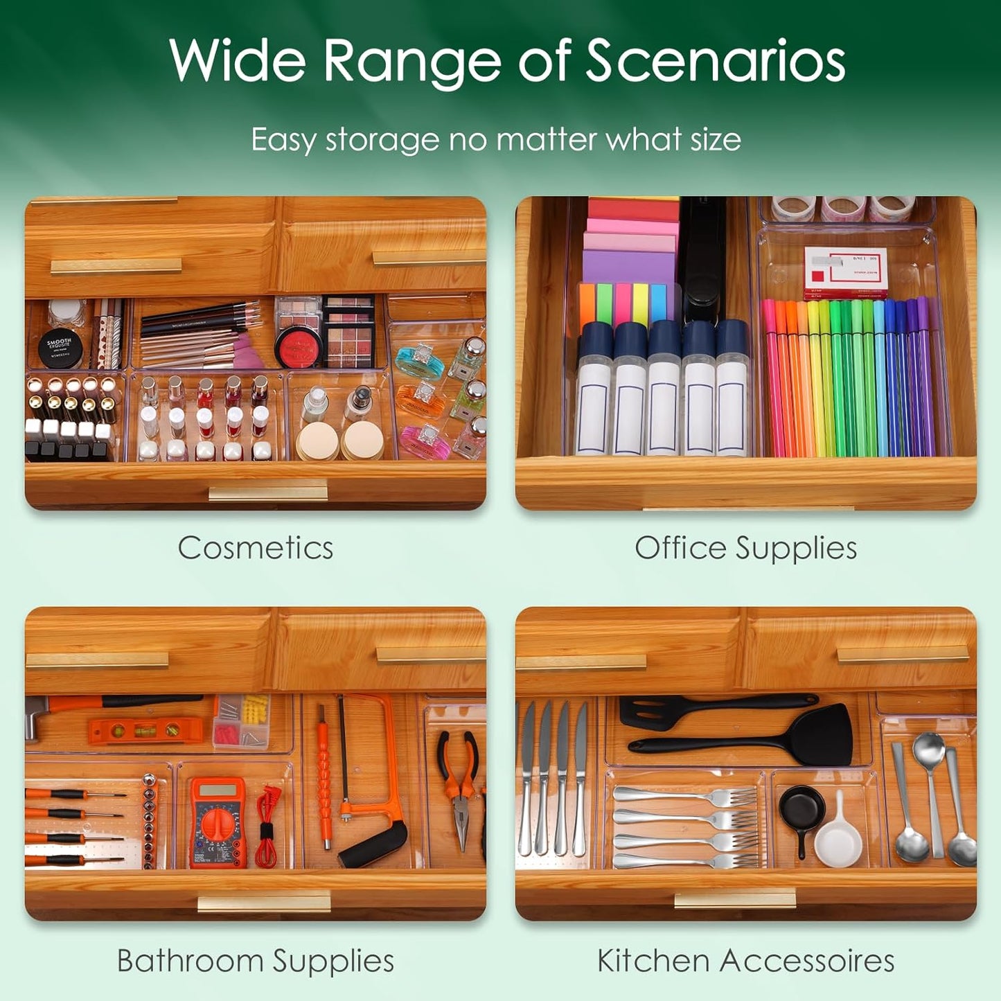 Criusia Drawer Organizer Set, Acrylic Non Slip Non Cracking Kitchen Drawer Storage Tray Large Size