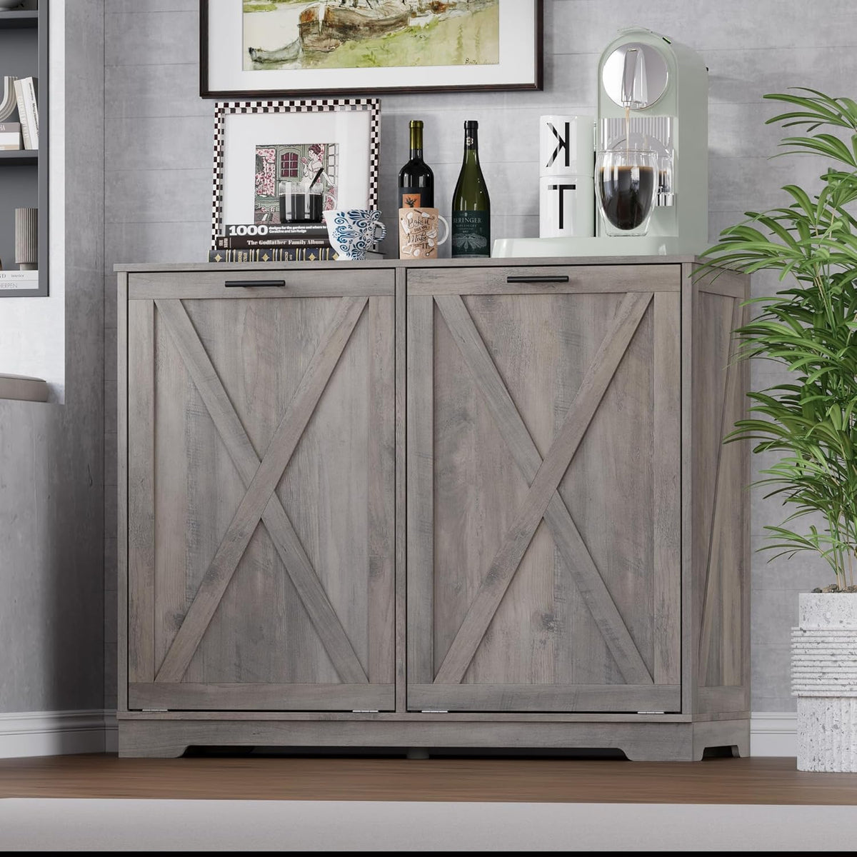 Tilt Out Trash Can Cabinet for 2 Bins, Hidden Recycle Garbage Bin Enclosure, Wooden Double Laundry