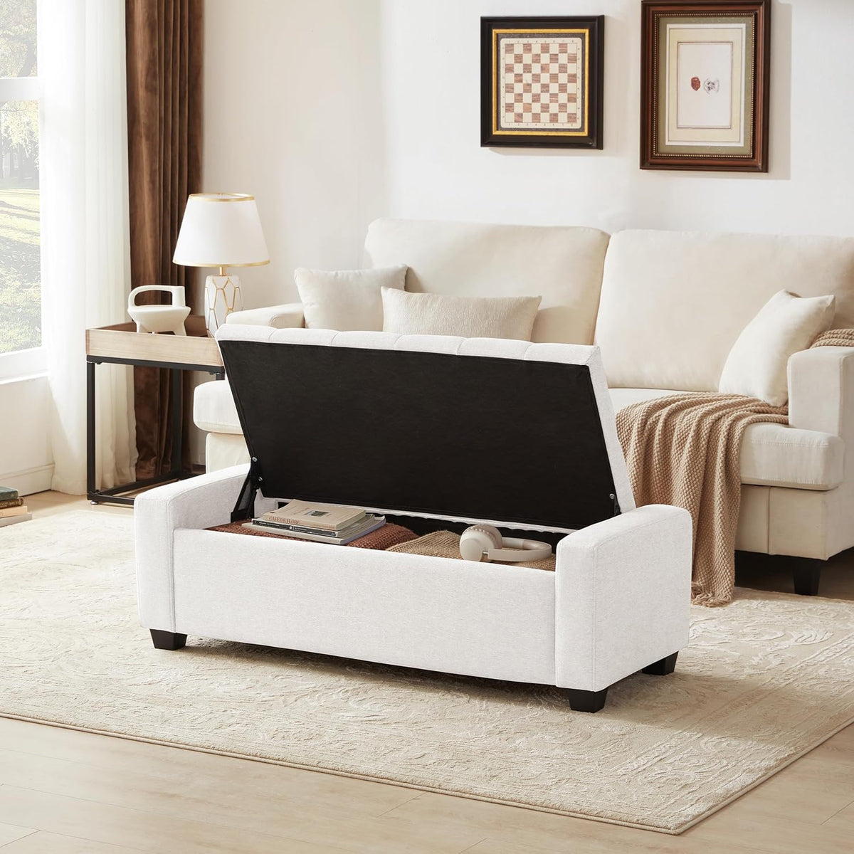 48" Ottoman with Storage, White Storage Ottoman Bench with Safety Hinge, Upholstered Entryway Bench