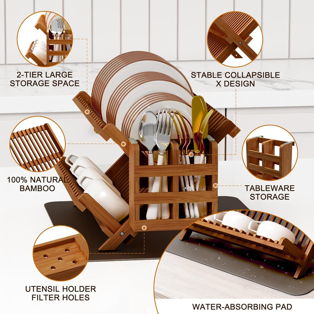 Greenual Teak Dish Drying Rack with Utensil Holder, 2 Tier Collapsible Dish Rack, Wooden Dish Racks