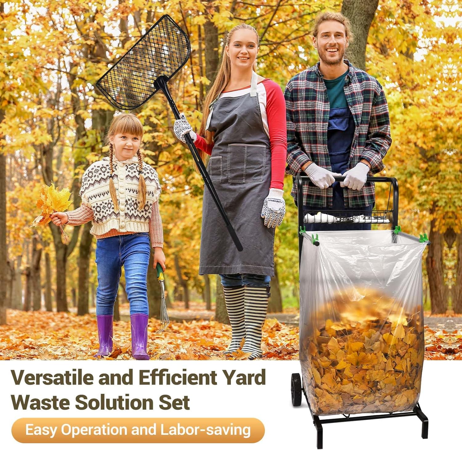 CAROD Mobile Trash Bag Holder with Storage Basket and Ergonomic Handle, Convenient Leaf Bag Cart