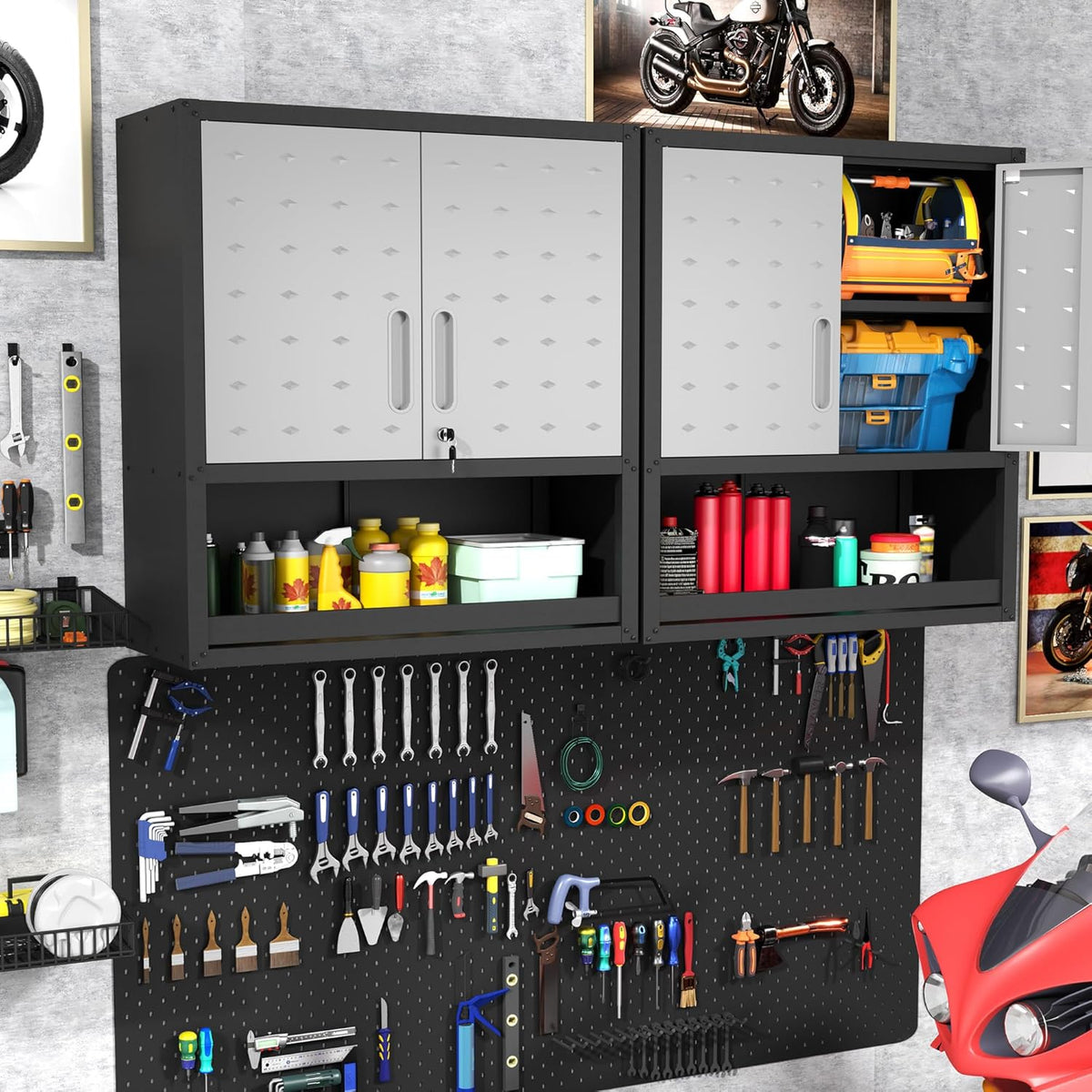 Metal Wall Cabinets with Doors and Shelves Black and Gray Garage Cabinets Wall Mounted Adjustable
