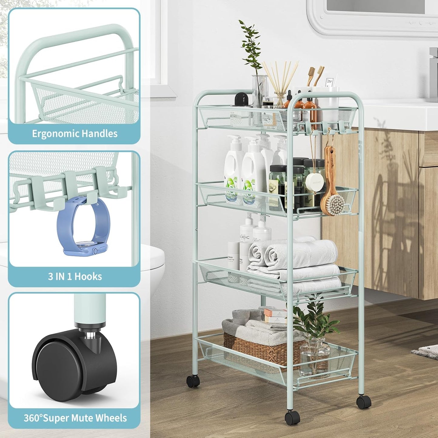 TOOLF 4-Tier Rolling Cart, Metal Utility Cart with 3 Hooks, Easy Assemble Mobile Storage Trolley On