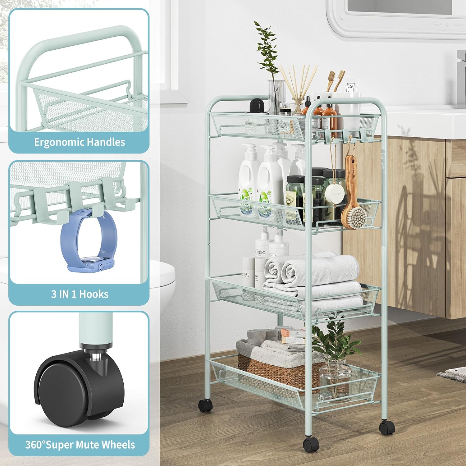 TOOLF 4-Tier Rolling Cart, Metal Utility Cart with 3 Hooks, Easy Assemble Mobile Storage Trolley On