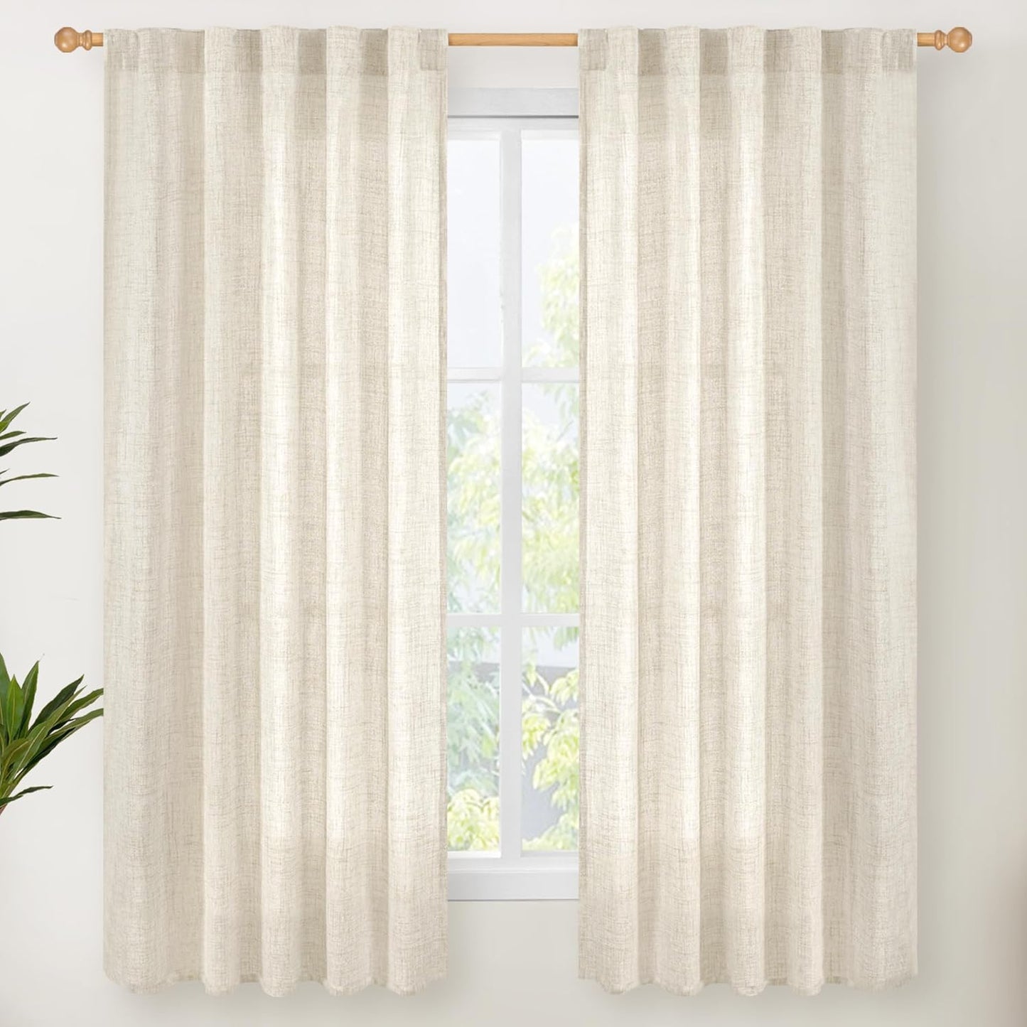 YoungsTex Linen Curtains 63 Inch Length for Living Room, Semi Sheer Window Drapes with Rod Pocket