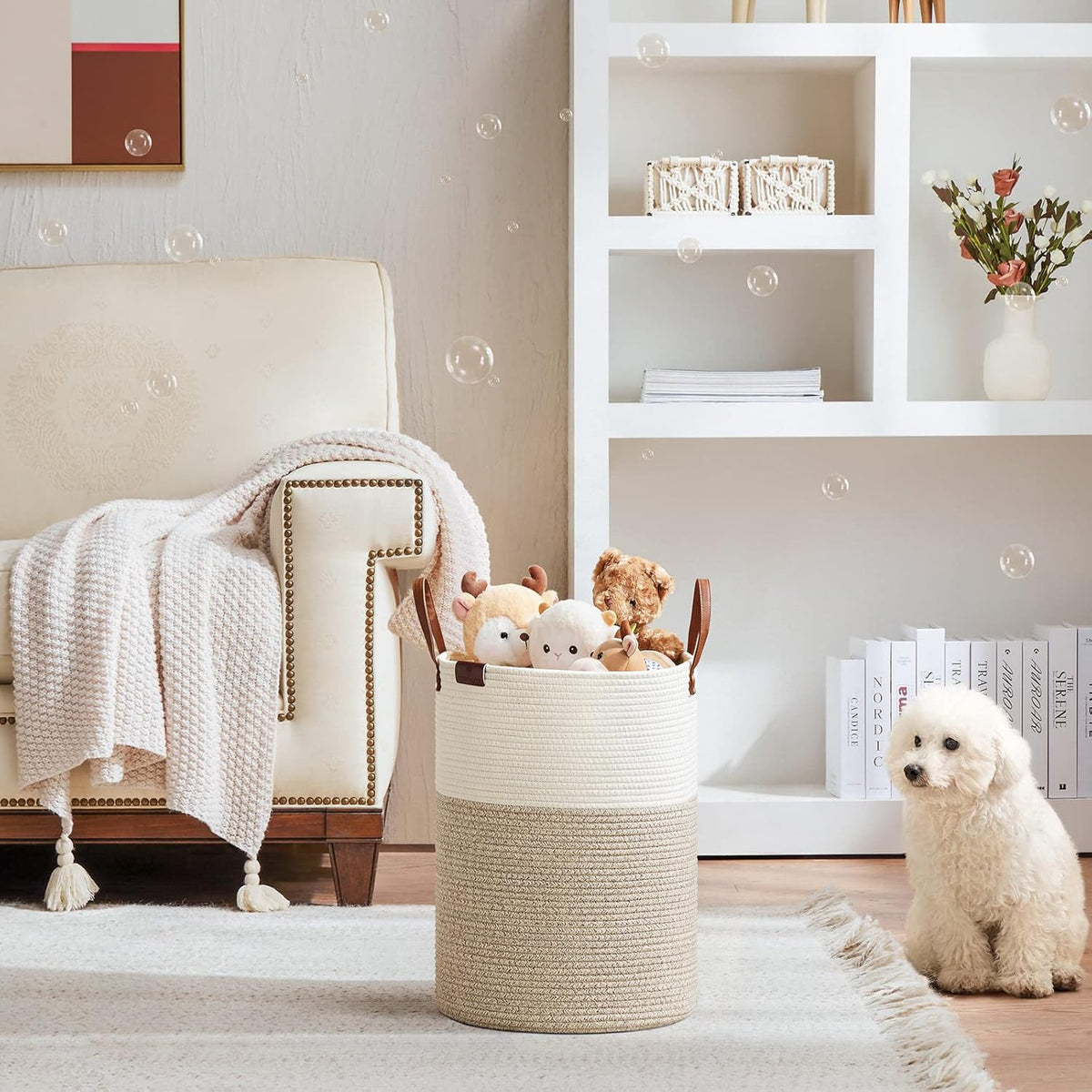 VIPOSCO Small Laundry Basket, Slim Baby Hamper with Leather Handle, Cute Woven Rope Storage Basket