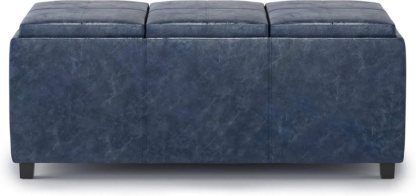 SIMPLIHOME Avalon 42 inch Wide Contemporary Rectangle Storage Ottoman in Denim Blue Vegan Faux