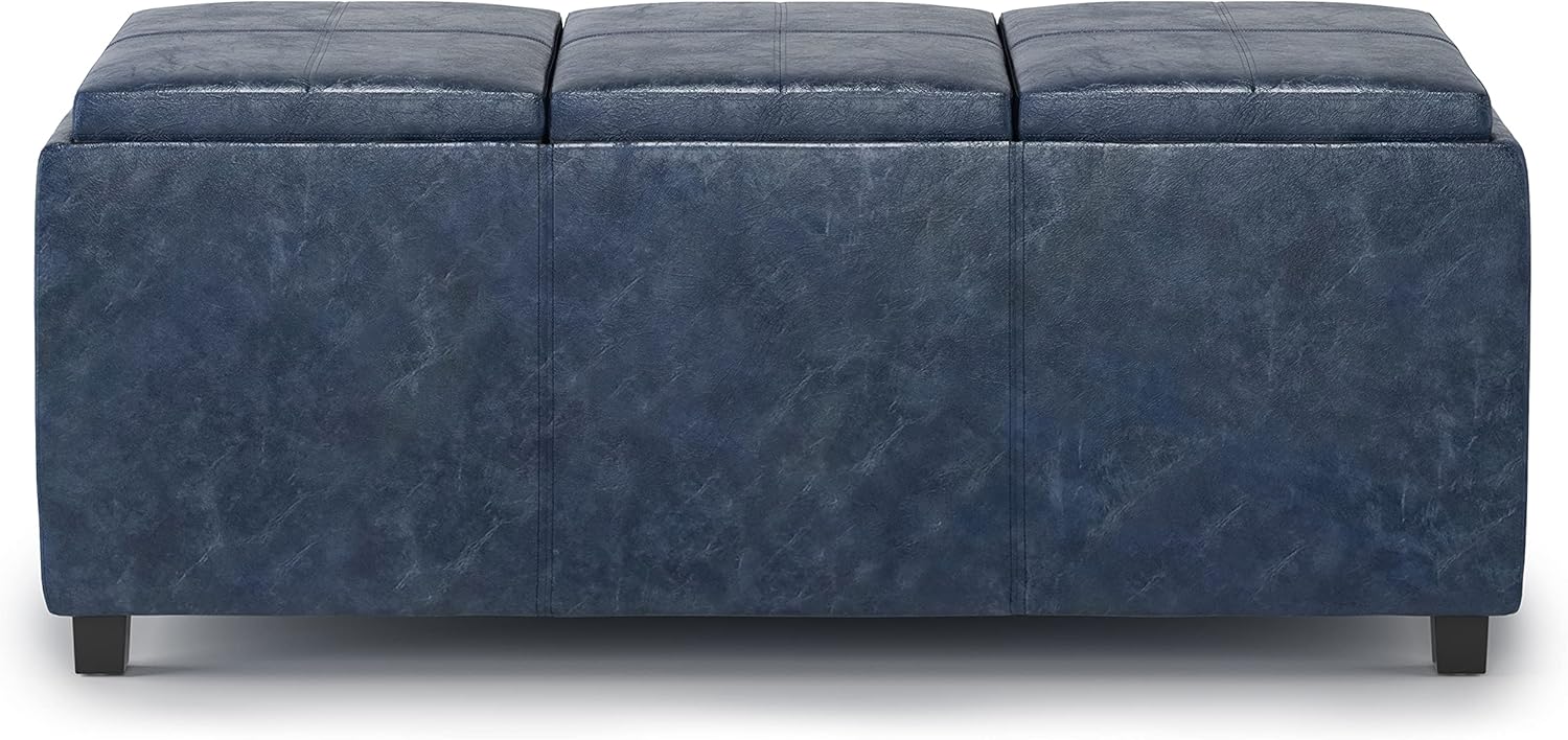 SIMPLIHOME Avalon 42 inch Wide Contemporary Rectangle Storage Ottoman in Denim Blue Vegan Faux