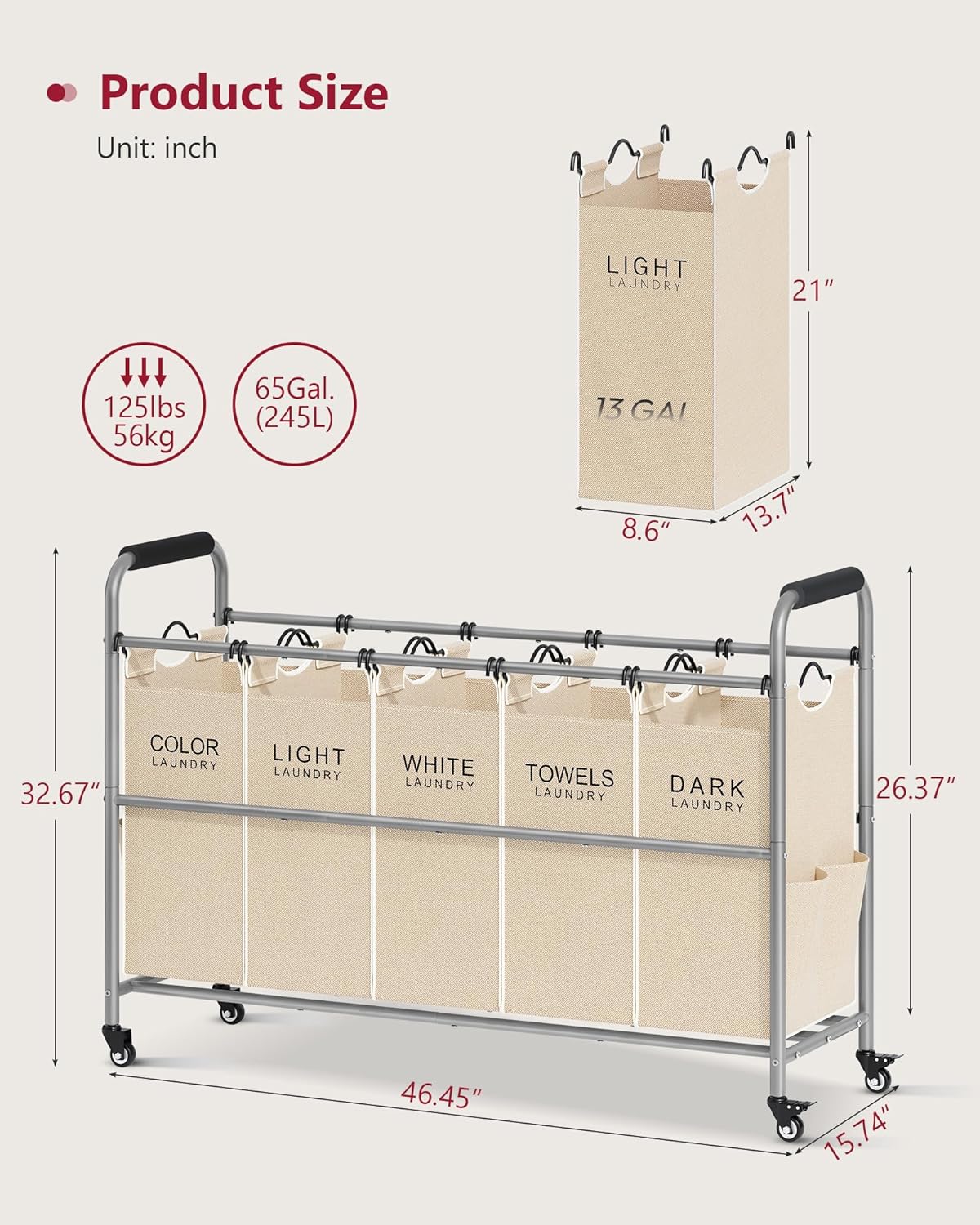 Tajsoon Laundry Sorter 5 Sections, Laundry Hamper with Heavy Duty Lockable Wheels and Removable