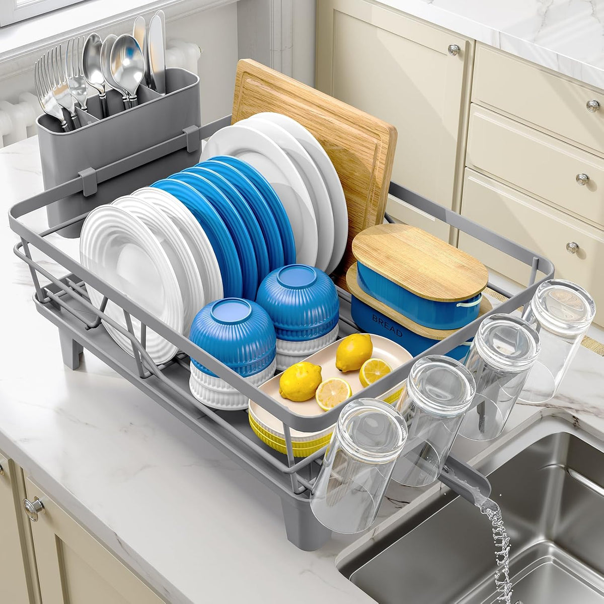 Dish Drying Rack for Kitchen Counter, Sink Dish Rack with Drainboard, Large Dish Drainer with Cups