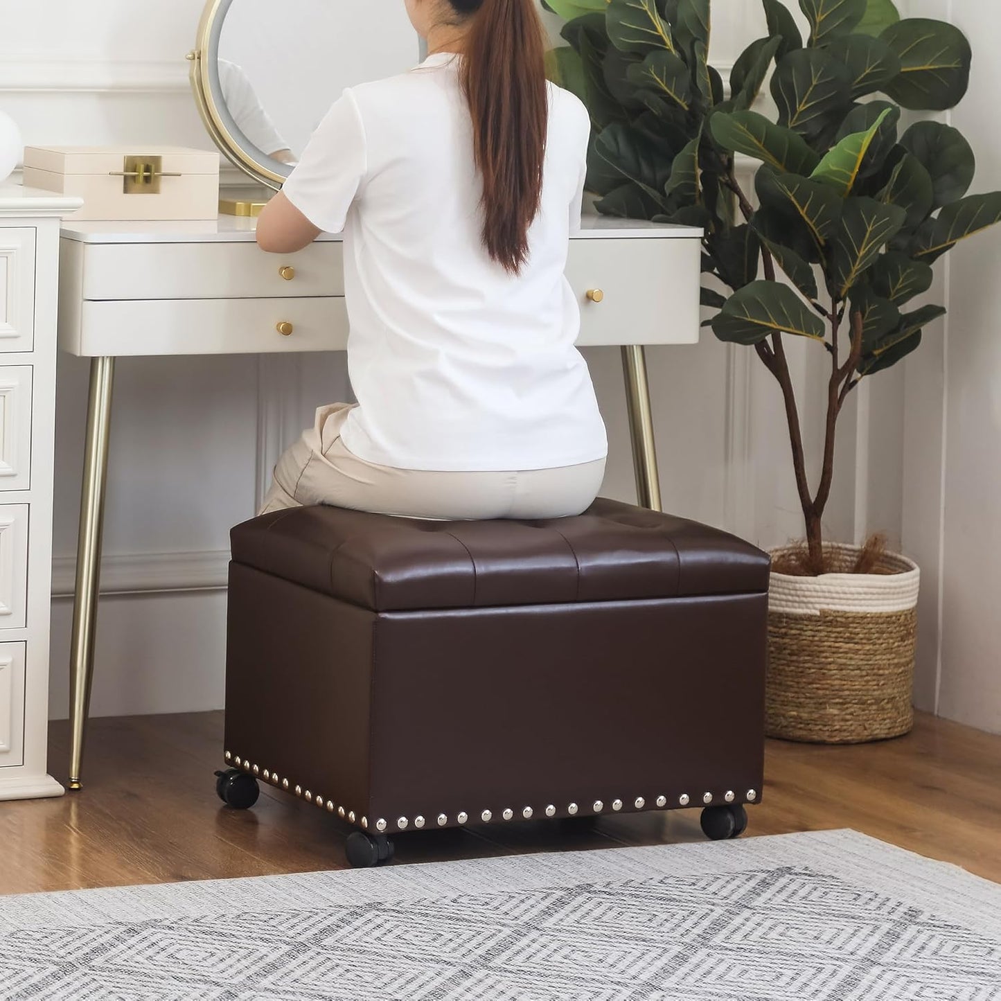 Joveco Leather Storage Ottoman with 360° Caster Wheels 24" Foot Rest Bench Rectangle Ottomans Stool