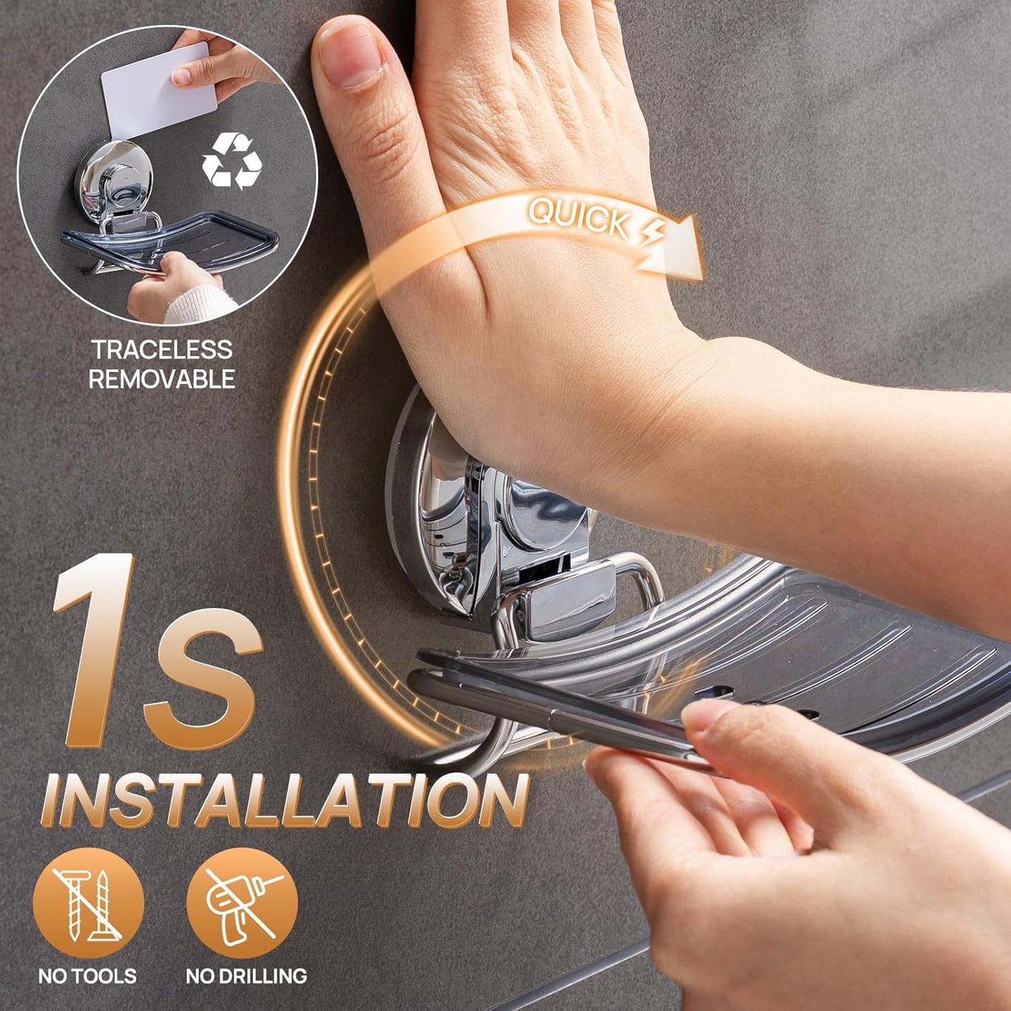 LEVERLOC Chrome Suction Cup Soap Dish Holder for Shower Wall Drill-Free Rustproof Waterproof Wall
