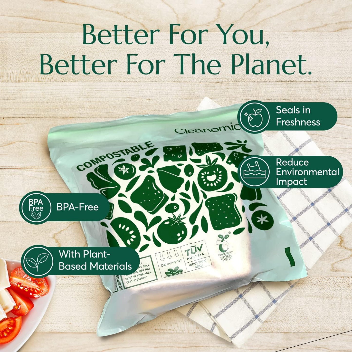 Cleanomic Compostable* Sandwich Size Food Storage Bags (25 Eco Zip) Freezer and Leak Proof, Also
