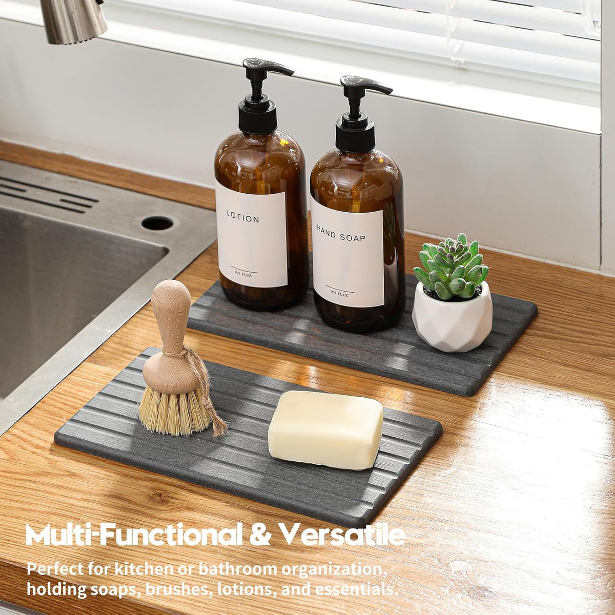 2PCS Water Absorbing Stone Drying Tray Mat for Bathroom Sink & Kitchen Counter Organizer, Quick Dry