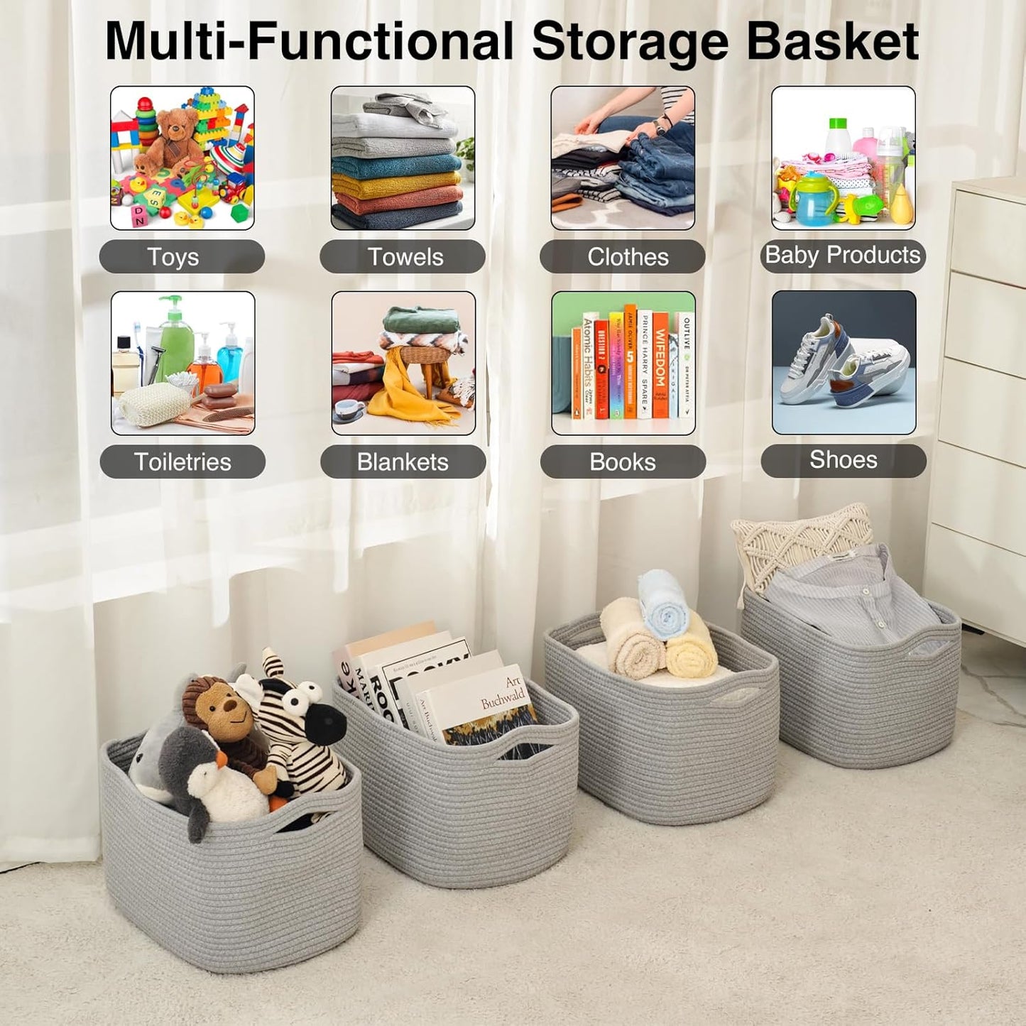 Storage Baskets for Organizing & Shelves, Woven Cotton Rope Organization Bins for Dog Toys