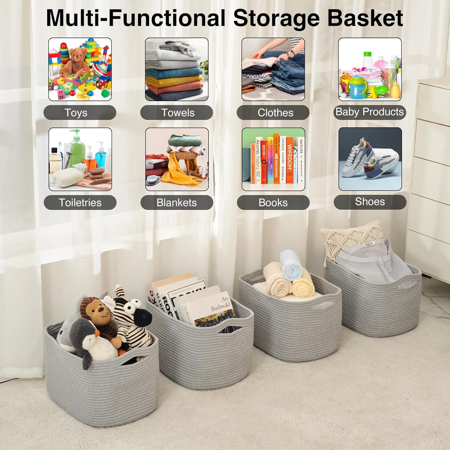 Storage Baskets for Organizing & Shelves, Woven Cotton Rope Organization Bins for Dog Toys