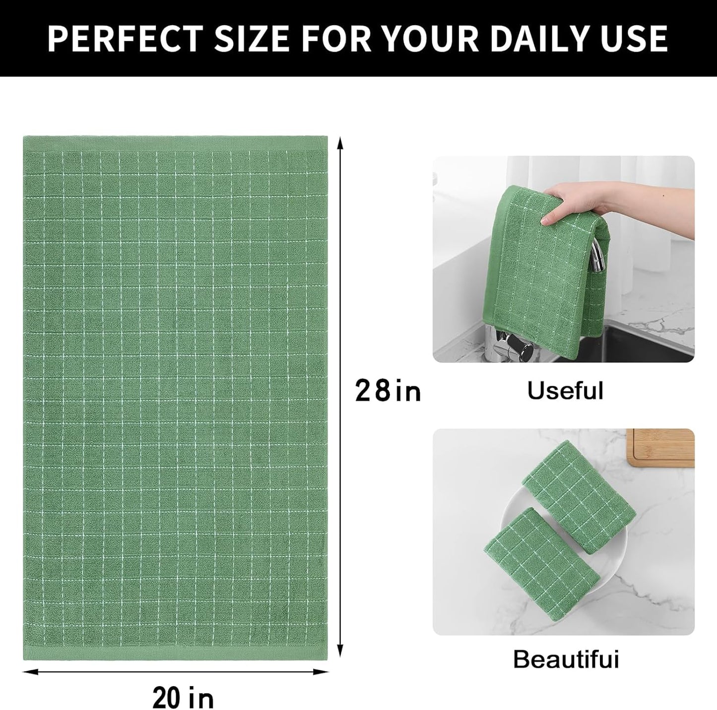 Homaxy 100% Cotton Terry Kitchen Towels(Grass Green, 20 x 28 inches), Checkered Designed, Soft and