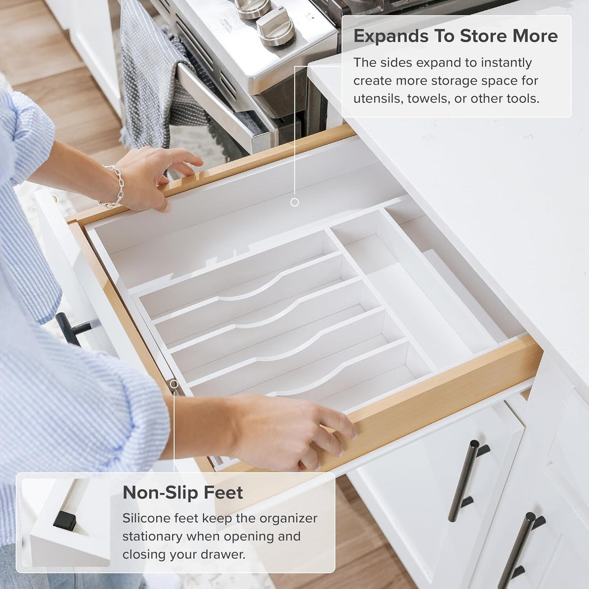KitchenEdge Premium Silverware, Flatware and Utensil Organizer for Kitchen Drawers, Food-Safe