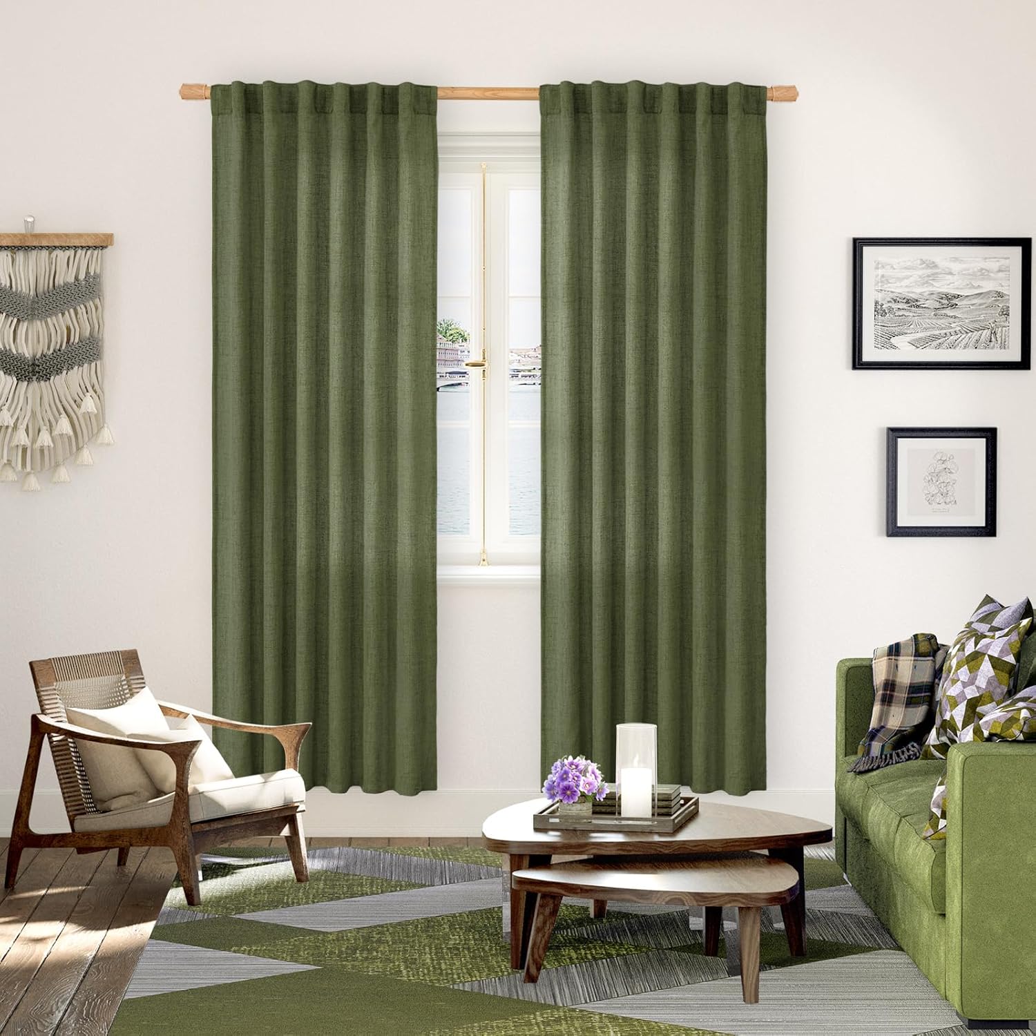 YoungsTex Olive Green Linen Curtains 78 Inch Length for Living Room, Light Filtering Semi Sheer