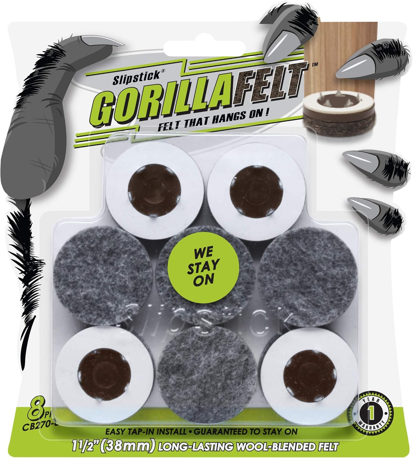 Slipstick GorillaFelt 1-1/2 Inch Felt Glides/Furniture Feet Floor Protectors (Set of 8 Sliders)