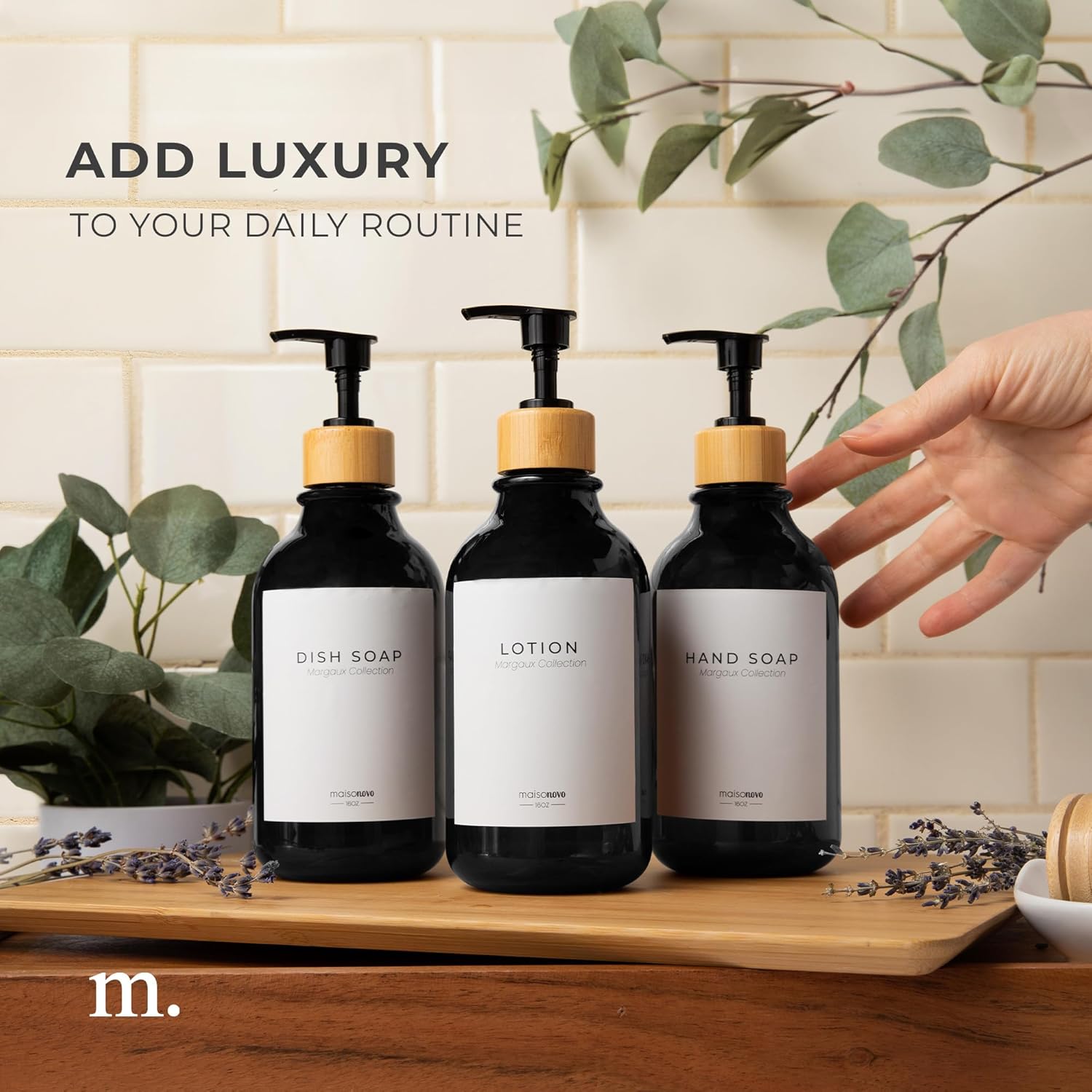 MaisoNovo Refillable Shampoo and Conditioner Bottles | 16.9 fl oz Set of 3 Black Plastic Bottles