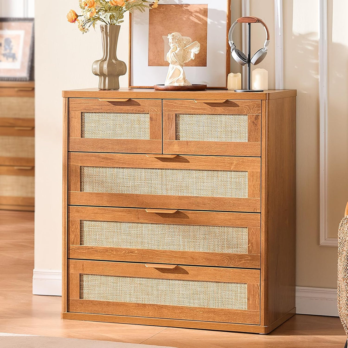 LEYAOYAO Rattan Dresser for Bedroom Set of 2, 33.5" Tall Chest of Drawers, Modern 5 Drawers Boho