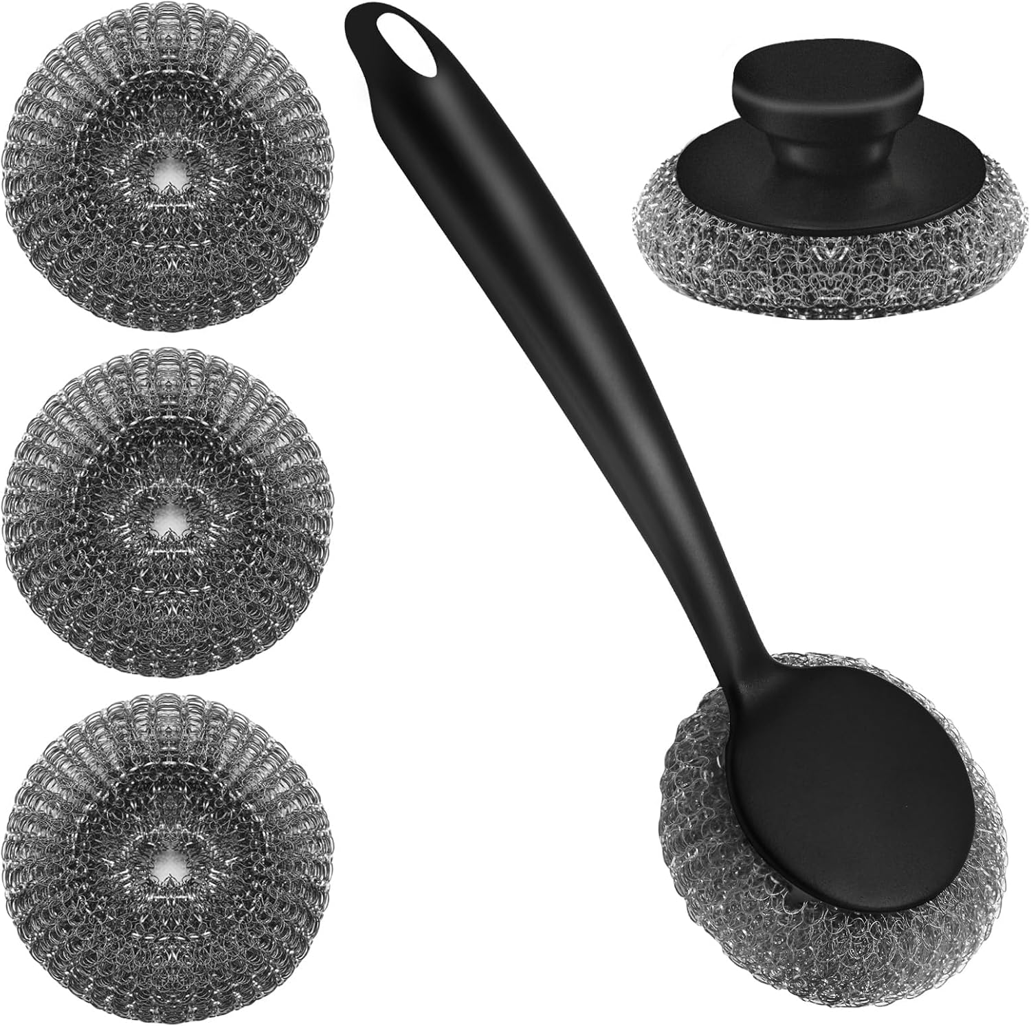 Scrubber with Handle Comes with Three Replacement Balls Steel Wool, Short Handle Scrubber, Steel