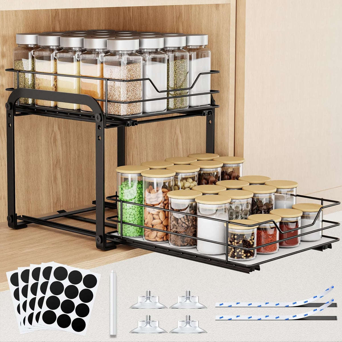 Spice Rack Organizer for Cabinet, 2 Tier Vertical Pull Out Spice Rack – Heavy Duty Metal Spice