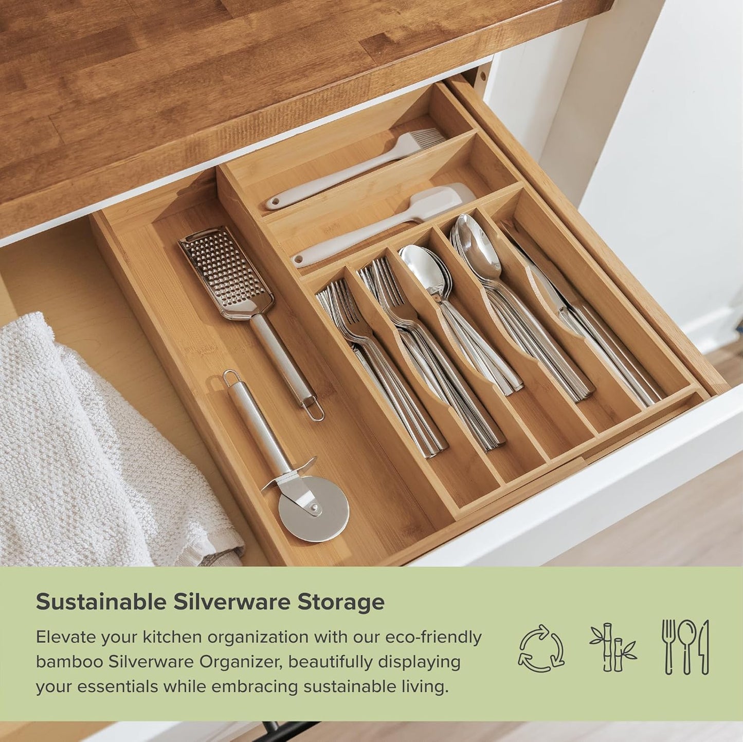 KitchenEdge Premium Silverware, Flatware and Utensil Organizer for Kitchen Drawers, Food-Safe