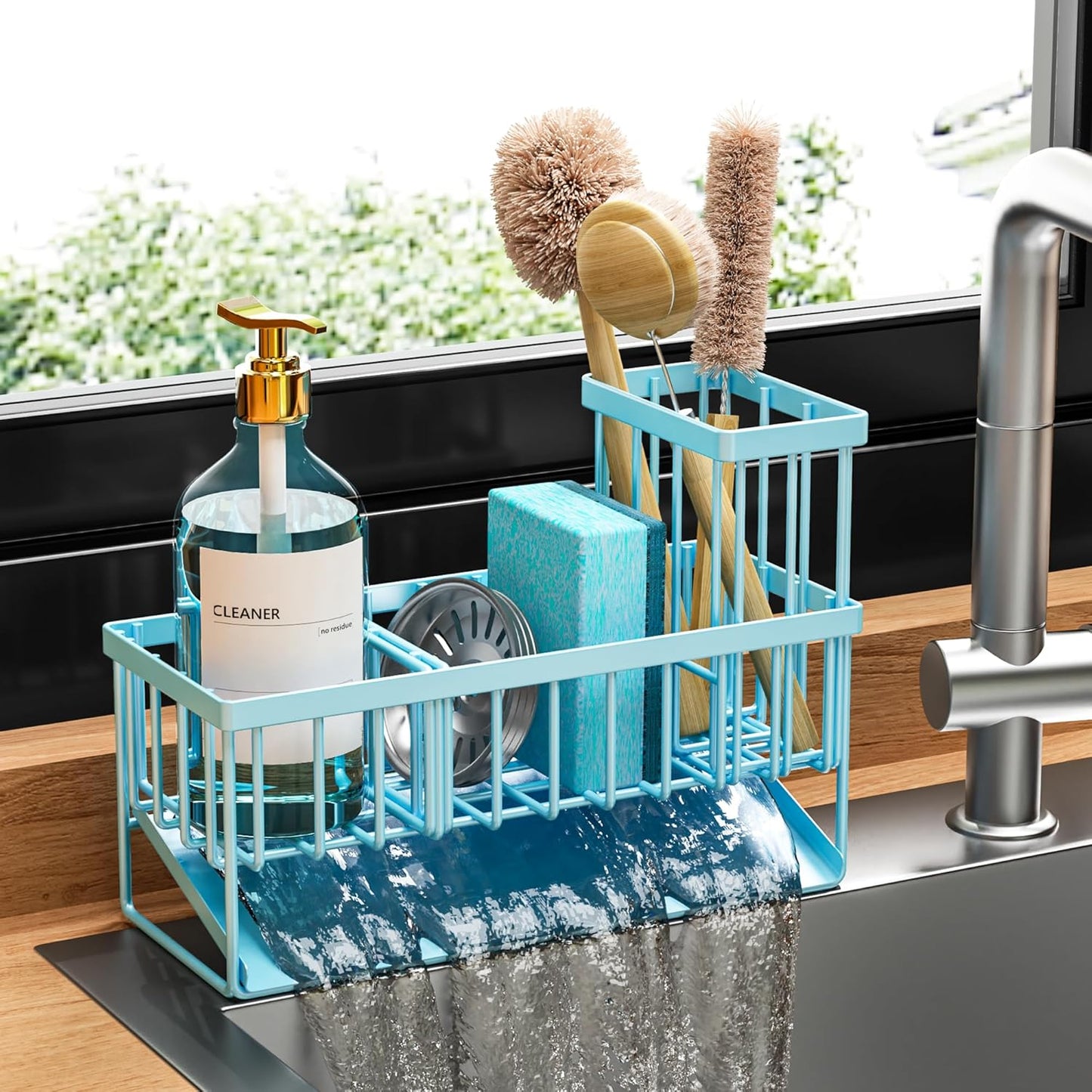 Cisily Blue Kitchen Sink Caddy Organzier with High Brush Holder, Sponge Holder for Sink, 304