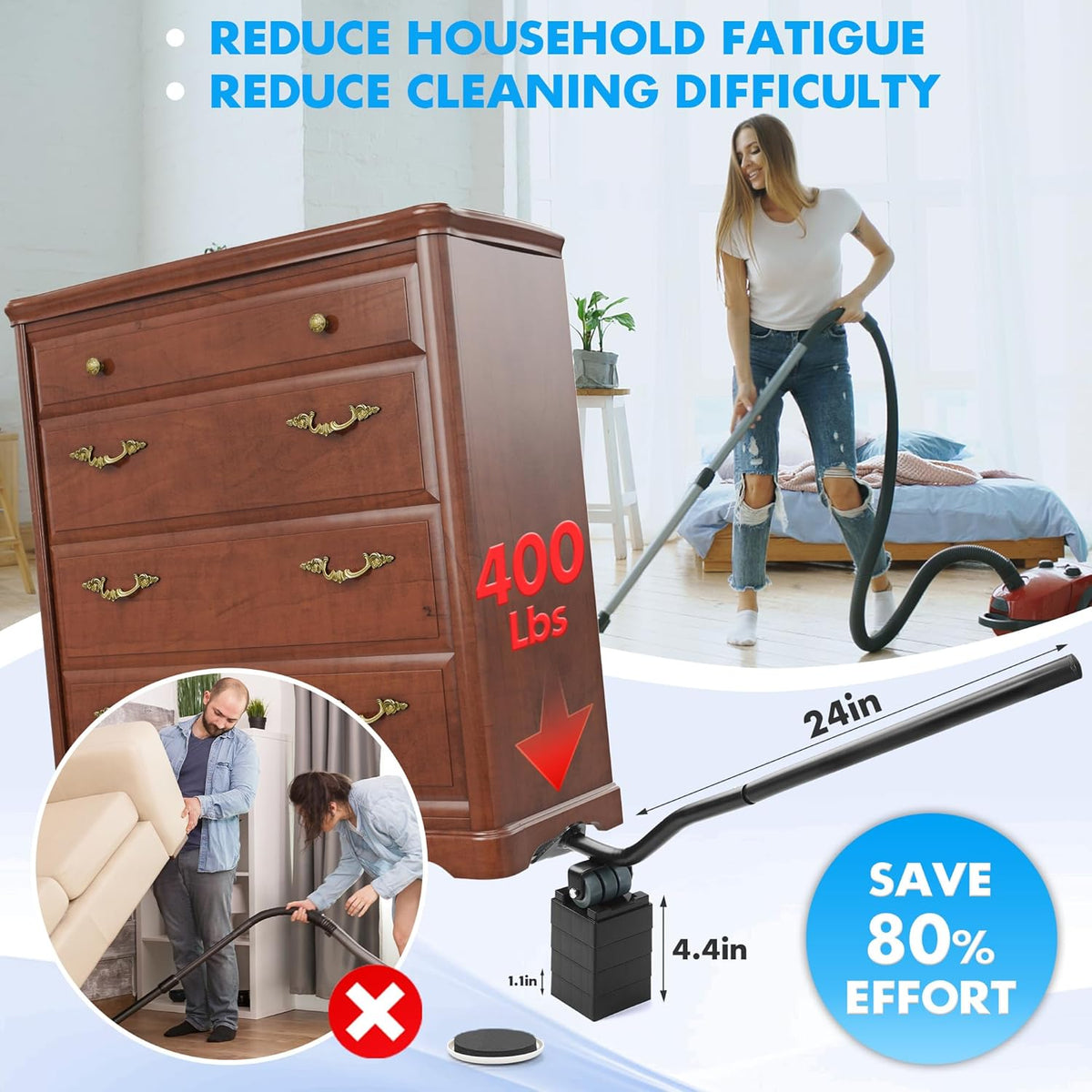 Furniture Lifter Tool + 8-Pack of 3.5" Sliders, Save 80% Effort, Safely and Easily, The Lift and
