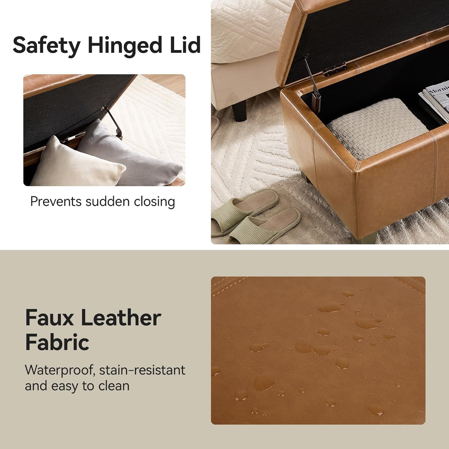 41" Faux Leather Storage Ottoman, Stitch Tufted Rectangle Upholstered End of Bed Storage Bench