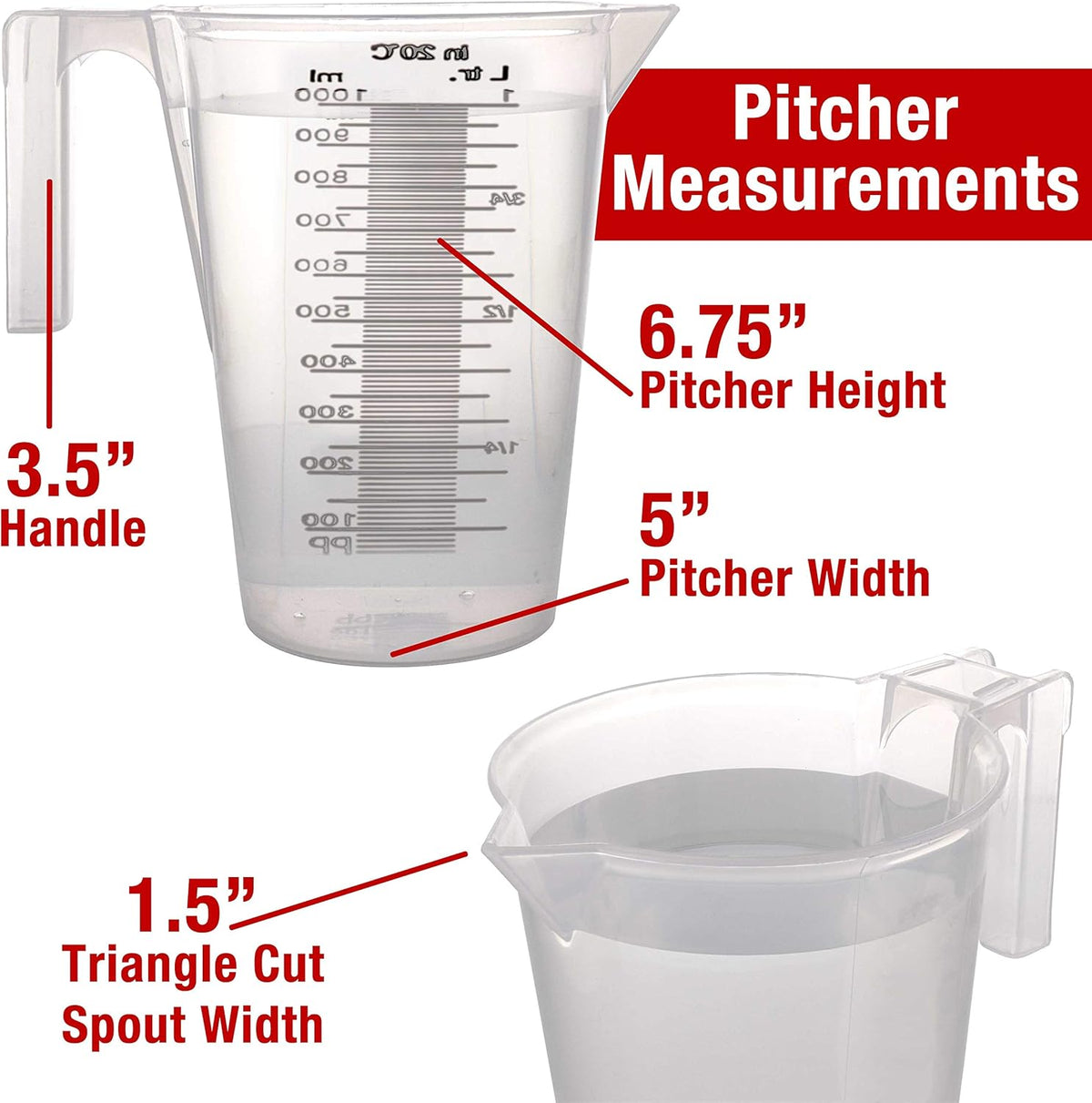 TCP Global 1 Liter (1000ml) Plastic Graduated Measuring and Mixing Pitcher (Pack of 6) - Holds Over