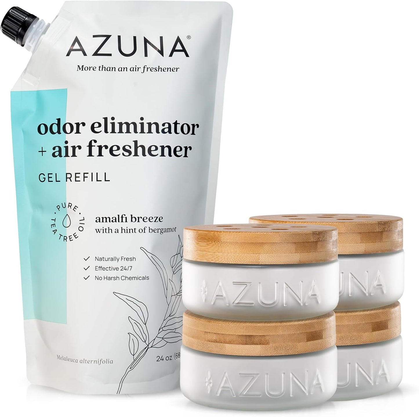 Azuna Air Freshener & Odor Eliminator Gel 4 Room Kit, Includes (4) 8 oz. Empty Luxe Glass Jars & 24