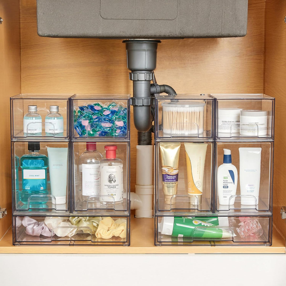Vtopmart Stackable Storage Drawers Set of 6, Clear Plastic Organizer Bins for Bathroom