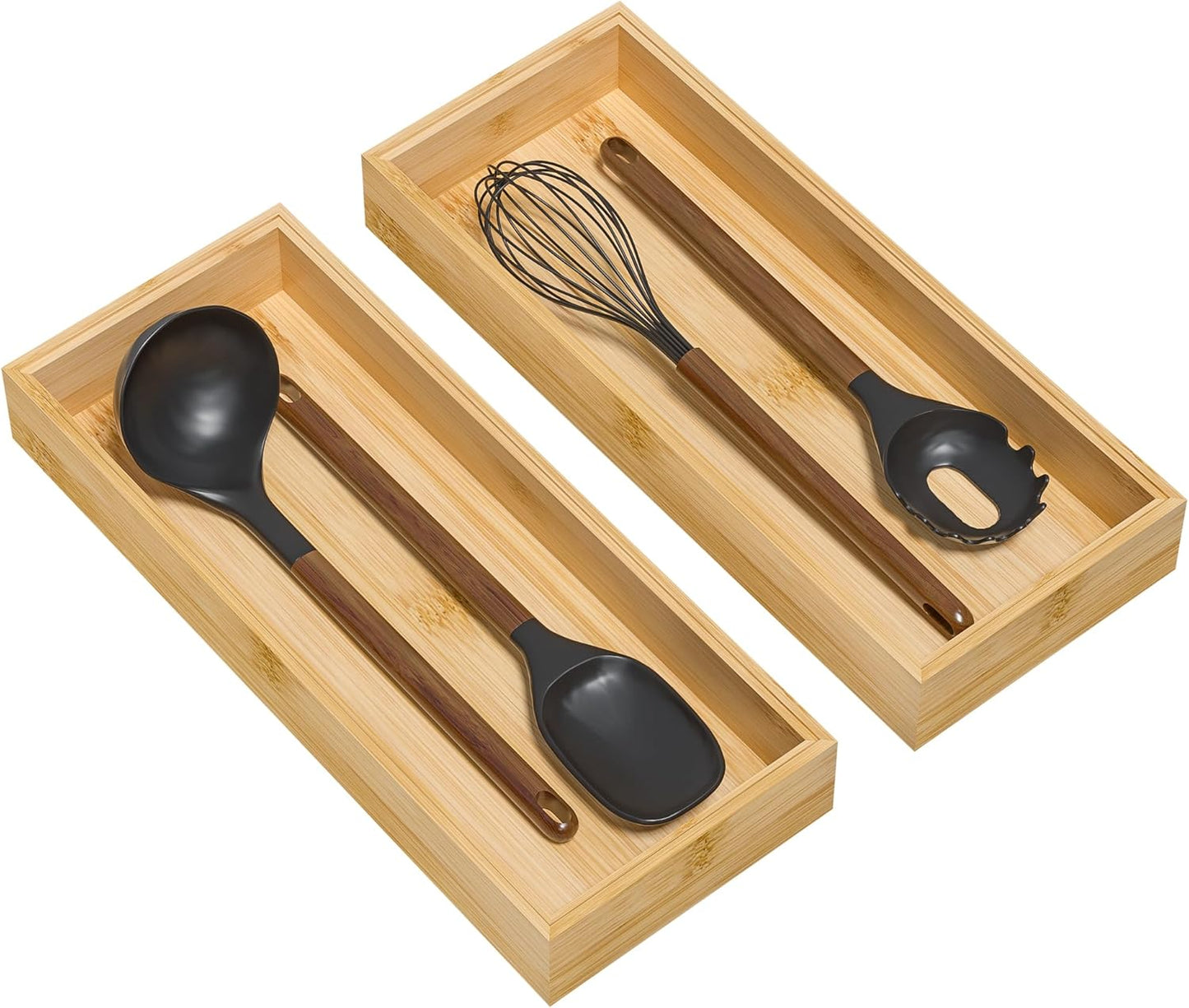 Bamboo Kitchen Drawer Organizer, Stackable Utensil Holder Silverware Organizer Cutlery Tray - 2PCS