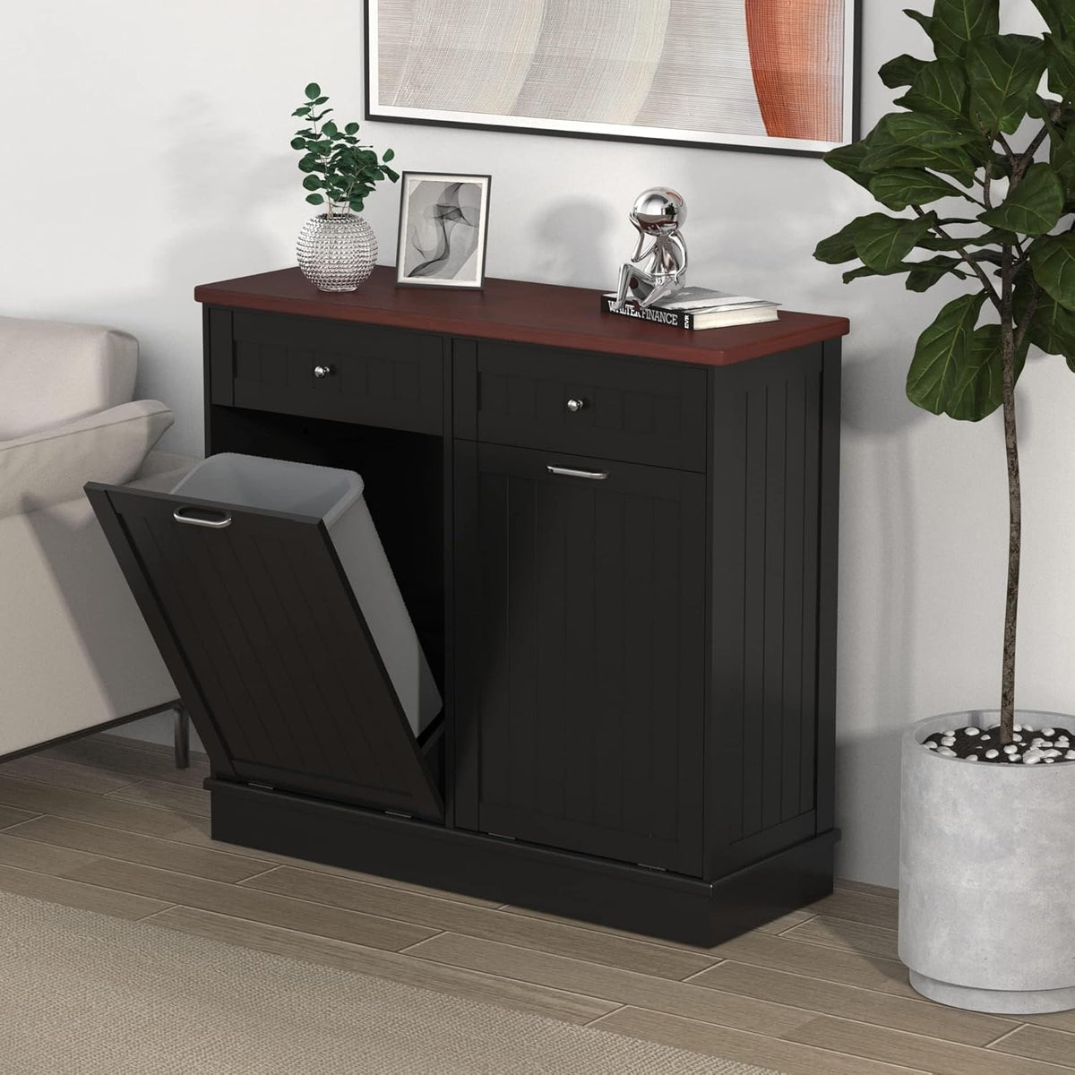 Betterhood Tilt Out Trash Cabinet 10 Gallon Wooden Free Standing Laundry Sorter Cabine,Recycling