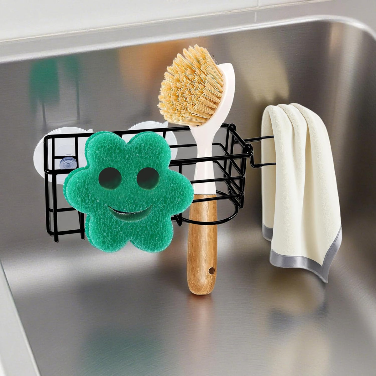 Sponge Holder Smile Face with Dish Cloth Hanger for Kitchen Sink, In-sink Caddy Organizer with