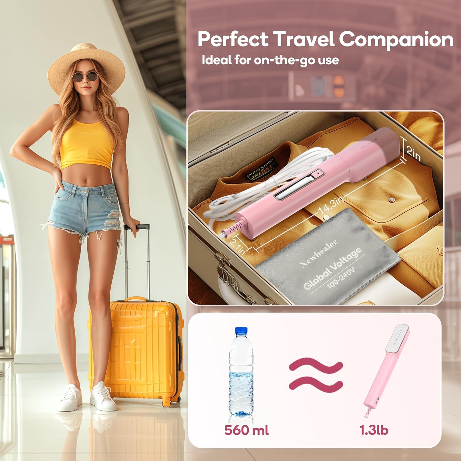 Newbealer 2in1 Travel Iron with Global Voltage, 100-240V Clothes Steamer, Dry Ironing & 2 Steam