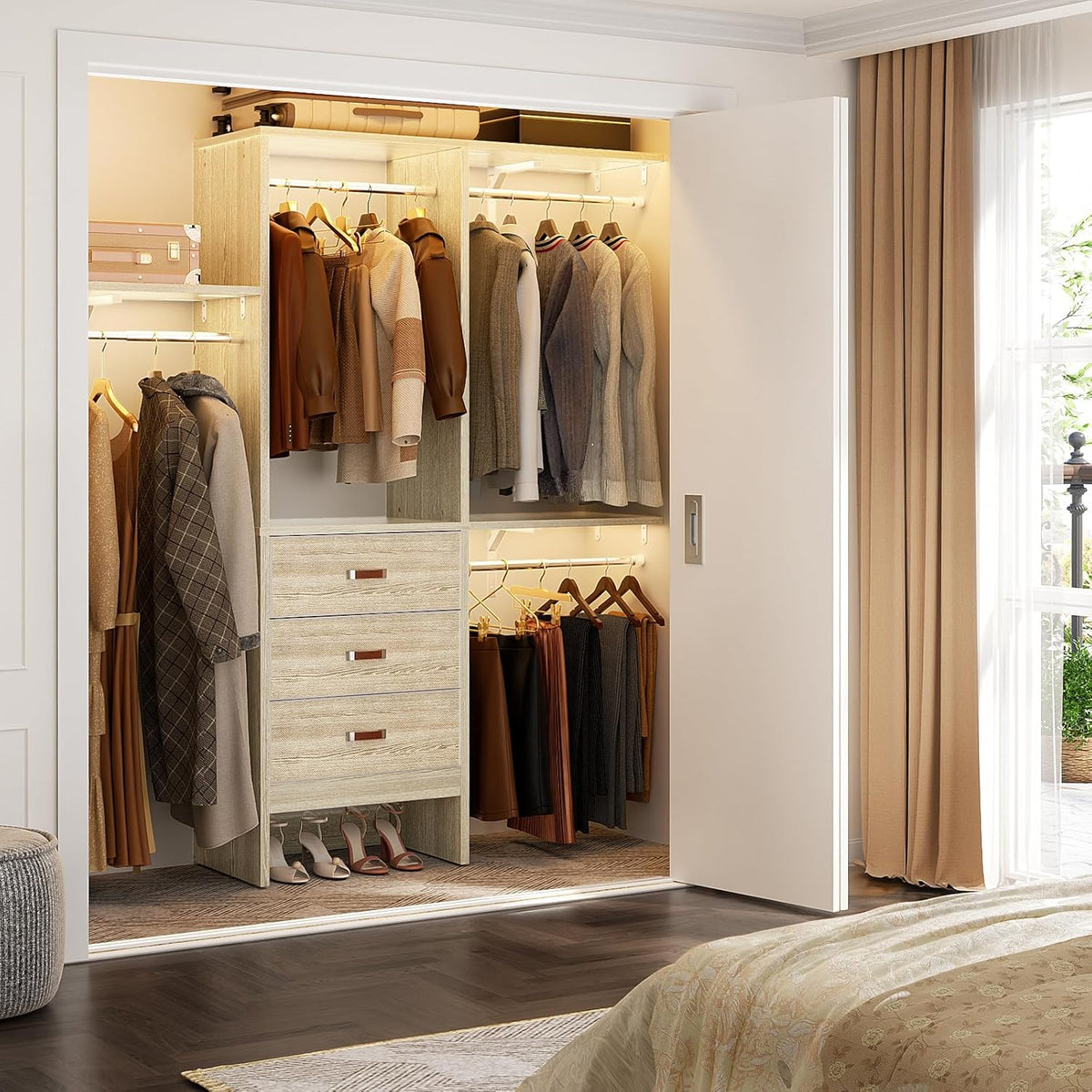 Armocity 5FT Small Closet System with 3 Fabric Drawers, 60'' Walk In Closet Organizer System With 3