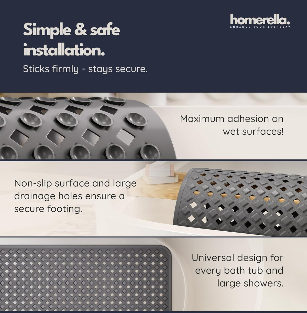 homerella® Bathtub Mat Non Slip 35x16, Incl. Hooks for Drying, Extra Long, 100% BPA Free, Shower
